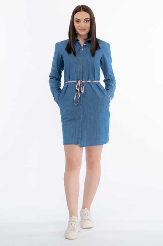 KVL - Rochie tip camasa din denim cu buzunare in lateral si snur in talie