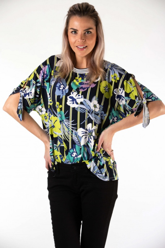 Montecristo - Tricou vaporos cu imprimeu floral si detaliu la baza gatului
