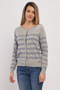 Timeout - Pulover dama tip cardigan cu model in dungi si logo
