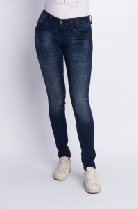 Timeout - Blugi dama slim fit cu aspect decolorat si logo