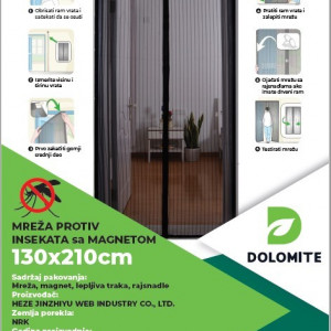 Mreža protiv insekata sa magnetom (komarnik) 1.3x2.1m Dolomite - SIVA