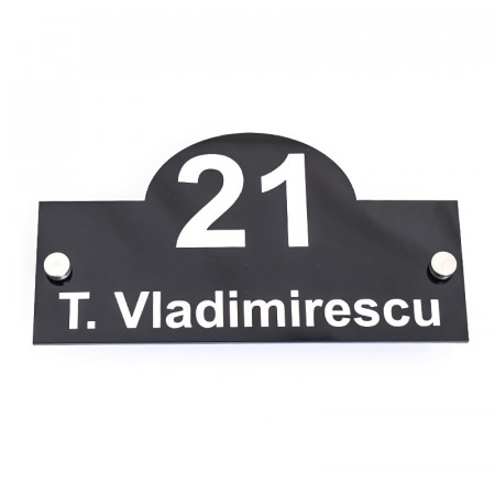 Placa Stradala Nr Casa si Strada, 20x11 cm, dreptunghi, Negru lucios cu text alb + Distantiere montaj