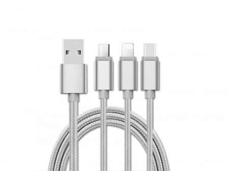 Cablu USB 3 in 1 microusb/Iphone/tip C argintiu