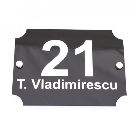 Placa Stradala Nr Casa si Strada, 20x15cm, Negru lucios cu text alb + Distantiere montaj