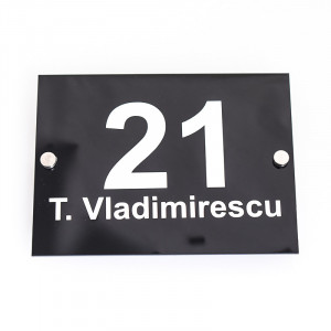 Placa Stradala Nr Casa si Strada, 20x15cm, dreptunghi, Negru lucios cu text alb + Distantiere montaj