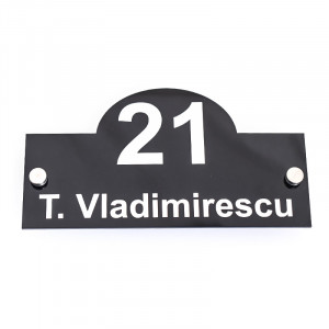 Placa Stradala Nr Casa si Strada, 20x11 cm, dreptunghi, Negru lucios cu text alb + Distantiere montaj
