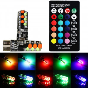 Led Auto T10 RGB , Lumina ambientala sau pozitii de zi, 12V-W5W + Telecomanda