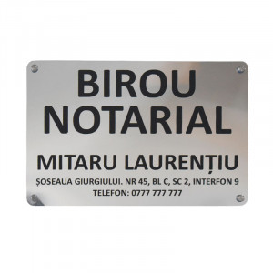 Placa personalizata Birou Notarial 25x28 cm, + sistem de prindere cu distatieri