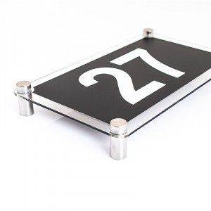 Placa Stradala Nr Casa si Strada, 20x12cm, dreptunghi, Negru cu text alb + 4 Distantiere montaj