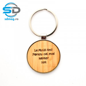 Breloc metalic rotund + lemn bambus personalizat cu mesaj