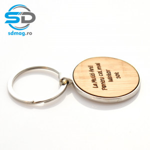 Breloc metalic rotund + lemn bambus personalizat cu mesaj