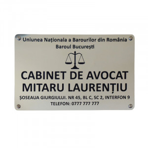 Placa personalizata Cabinet de Avocat 25x28 cm, + sistem de prindere cu distatieri