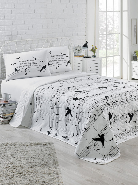 Set cuvertura de pat dubla matlasata, EnLora Home, Note Black White, 3 piese, 65% bumbac, 35% poliester, alb/negru