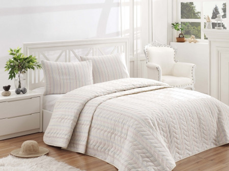 Set cuvertura de pat dubla matlasata, EnLora Home, Tunica Cream, 3 piese, 65% bumbac, 35% poliester, crem