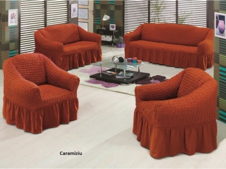 Set Huse Elastice si Creponate - Canapea 3 Persoane + Canapea 2 Persoane + 2 Fotolii - Caramiziu