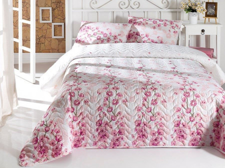 Set cuvertura de pat dubla matlasata, Eponj Home, Coretta Light Pink, 3 piese, 65% bumbac, 35% poliester, alb/roz