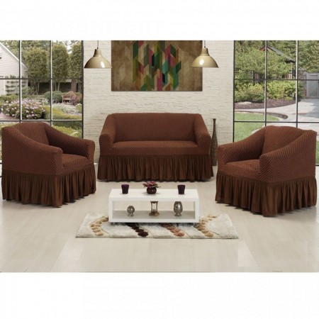 Set Huse Elastice Bicolore - Canapea 3 Persoane + 2 Fotolii - Maro si Maro Inchis - Kahve