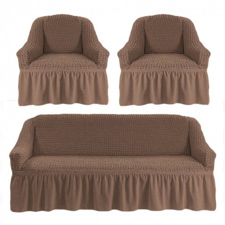 Set Huse Elastice si Creponate - Canapea 3 Persoane + 2 Fotolii - Bej Cacao cu Lapte