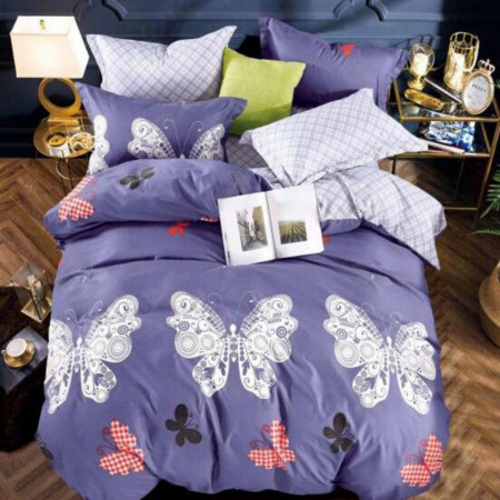Lenjerie Bumbac Satinat Superior, 4 Piese, Pat 2 Persoane, Butterflies on Purple, BSJ-14