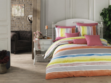 Lenjerie de pat dubla Tulip, Majoli Home Collection, 4 piese, 200x220 cm, 100% bumbac ranforce, multicolor