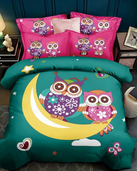 Lenjerie de Pat din Finet, Pat 2 Persoane, Owls on The Moon, FNJ-225