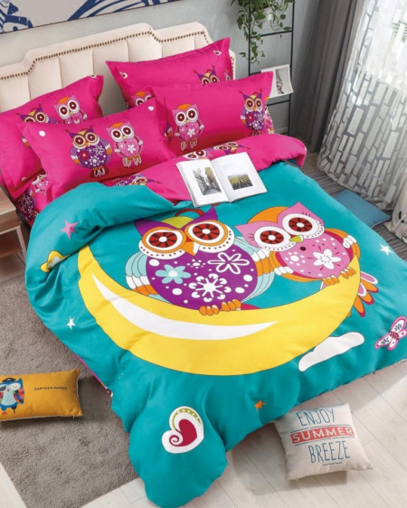 Lenjerie de Pat din Finet, Pat 2 Persoane, Owls on The Moon, FNJ-225