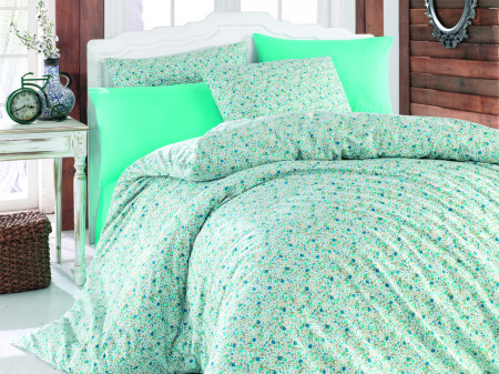 Lenjerie de pat dubla Lily, Majoli Home Collection, 4 piese, 200x220 cm, 100% bumbac ranforce, turcoaz