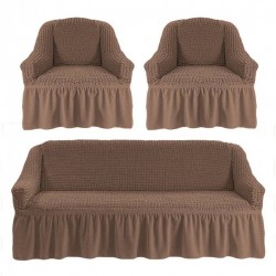 Set Huse Elastice si Creponate - Canapea 3 Persoane + 2 Fotolii - Bej Cacao cu Lapte