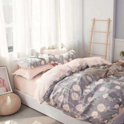 Lenjerie Bumbac 100% - 4 Piese - Pat 2 Persoane - Trandafiri Gri - BL4-19