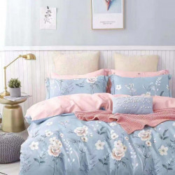 Lenjerie Bumbac 100% - 4 Piese - Pat 2 Persoane - Flowers on Blue - BL4-22