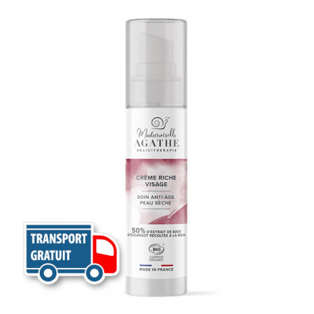 Cremă bogat hidratantă organică, tratament anti-age pentru piele uscată sau foarte uscată, 50% extract din mucus de melc nestresat, 50ml
