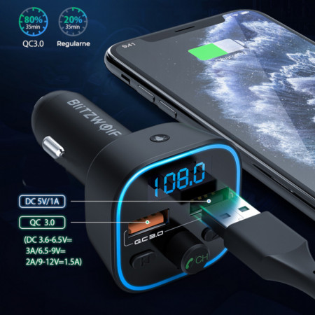 Modulatorf FM Incarcator Blitzwolf BW-BC1, Bluetooth 5.0, USB Charger, USB Audio, Micro SD Foto 2 Frami Power