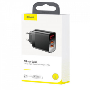 Incarcator Universal Telefon, pentru retea, Baseus Mirror Lake Quick Charger 2 x USB Display, 18W, Black Cutie
