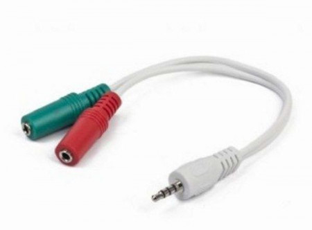 Adaper audio plus mikrofon muški RJA 3.5mm (4 pin) na RJA 2x 3.5 mm (slusalice i mikrofon), Gembird CCA-417W , 0.2 m beli