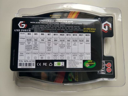 Adapter Punjač za laptop Gembird NPA-AC5D AC 90W + QC3.0 mobilni punjac quick charge 3A, auto-voltage