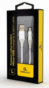Kabl USB micro USB Gembird CC-USB2B-AMmBM-1M-BW2 Premium cotton braided 8-pin charging and data cable, 1m, silver/white