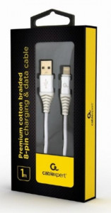 Kabl USB iPhone Gembird CC-USB2B-AMLM-1M-BW2 Premium cotton braided 8-pin charging and data cable, 1m, silver/white