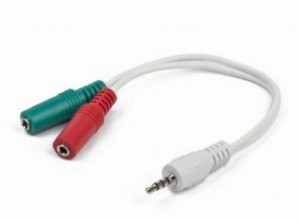 Adapter, Splitter audio plus mikrofon muški RJA 3.5mm (4 pin) na RJA 2x 3.5 mm (slusalice i mikrofon), Gembird CCA-417, 0.2 m beli