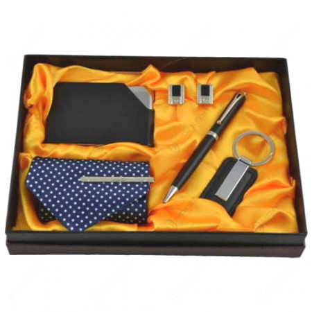 Set cadou 5 piese pentru barbati -cravata cu clips,pix,breloc,tabachiera,butoni