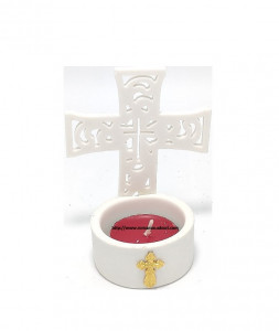 Candela tip cruce din ceramica alba