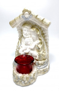 Candela ceramica alba cu pahar Sfanta Familie