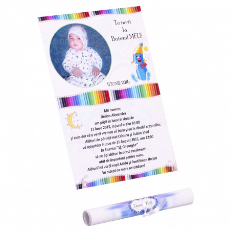 Invitatie Botez Papirus Creioane Colorate
