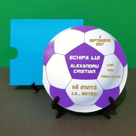 Invitatie Botez Fotbal Alb-Violet-Galben