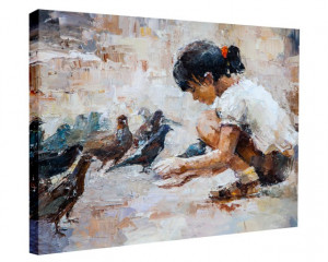 Tablou canvas efect pictura - Fetita cu porumbei