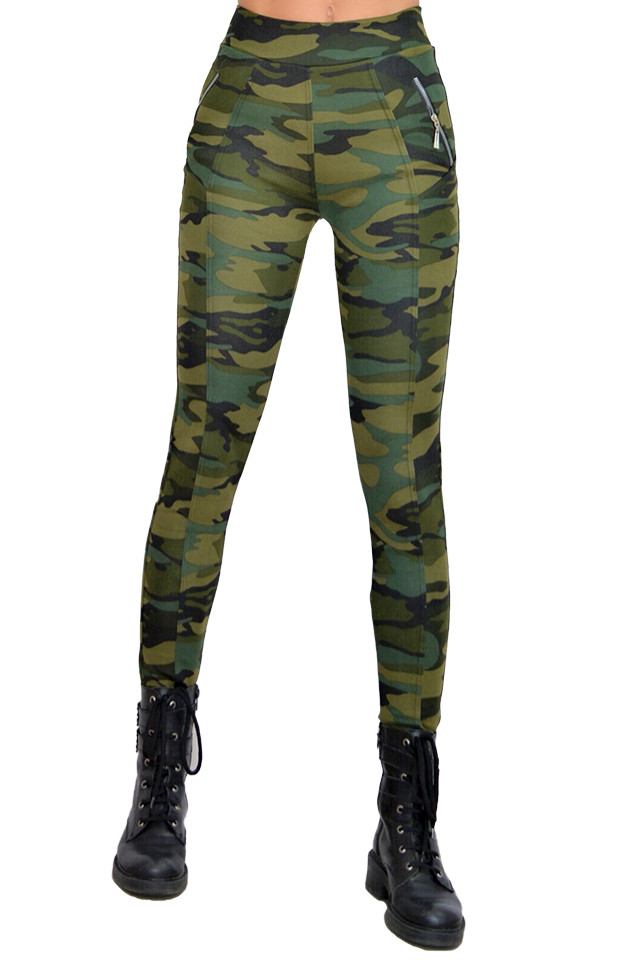 Pantaloni Army, elastici, kaki, croiala skinny, imprimeu de camuflaj (Selecteaza Marime: 38)