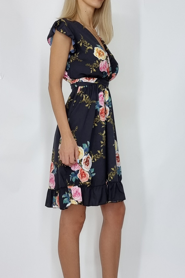 Rochie midi Sinsley, maneci scurte, cordon in talie, flowers (Selecteaza Marime: Universala)