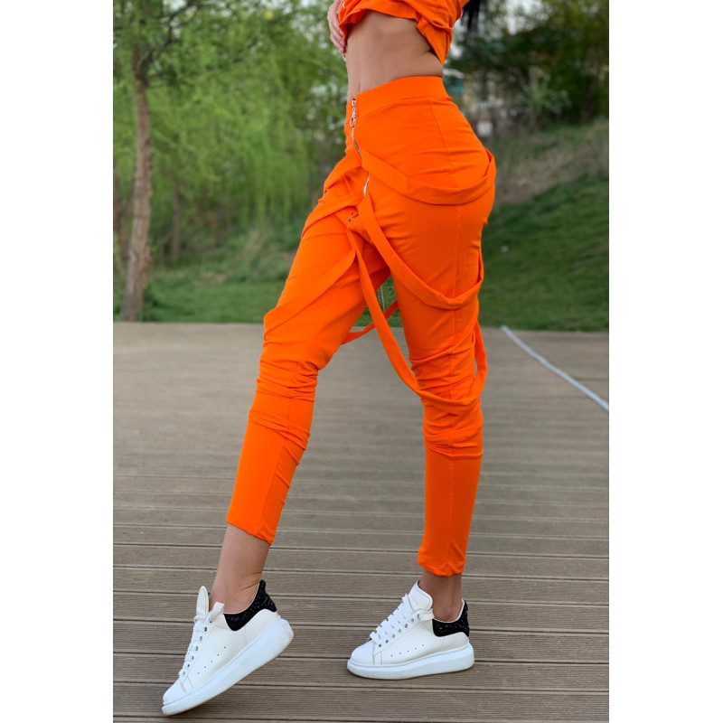 Pantaloni dama orange cu fermoar si bretele (Selecteaza Marime: Universala)