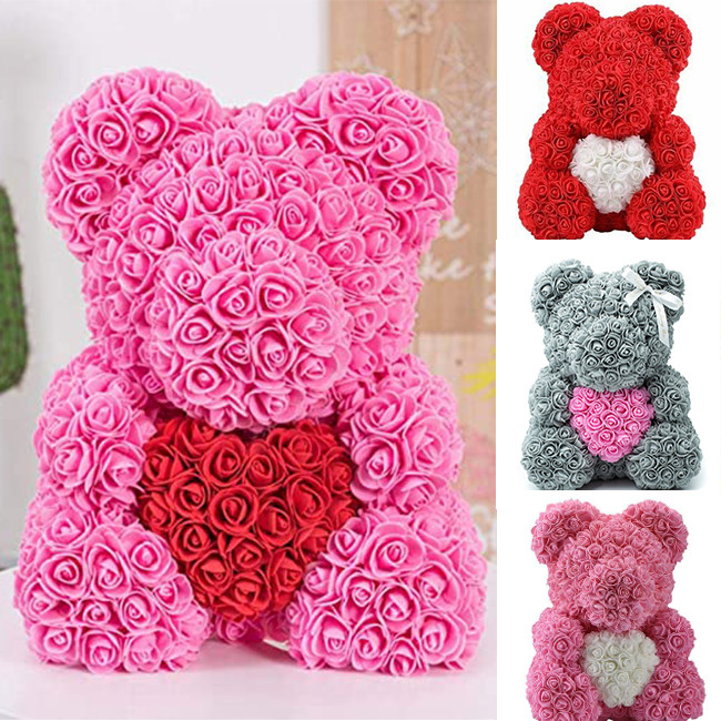 Ursulet Rose Bear din Trandafiri de spuma cu inima, in cutie cu funda, 70 cm (Culoare: Albastru)