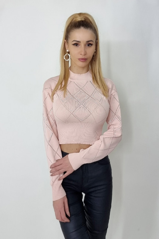Bluza eleganta Raphael, cu maneca lunga si accesorizata cu pietre, Roz