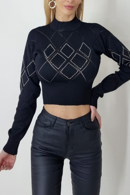 Bluza eleganta Raphael, cu maneca lunga si accesorizata cu pietre, Negru